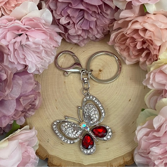 Silver and Ruby Red Crystal Butterfly Keychain Charm - Picture 8 of 16